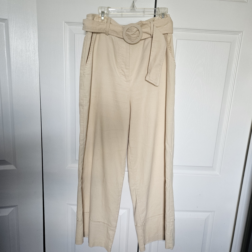 Forever 21 Cream High-Waist Paperbag Belted Wide-Leg Pants